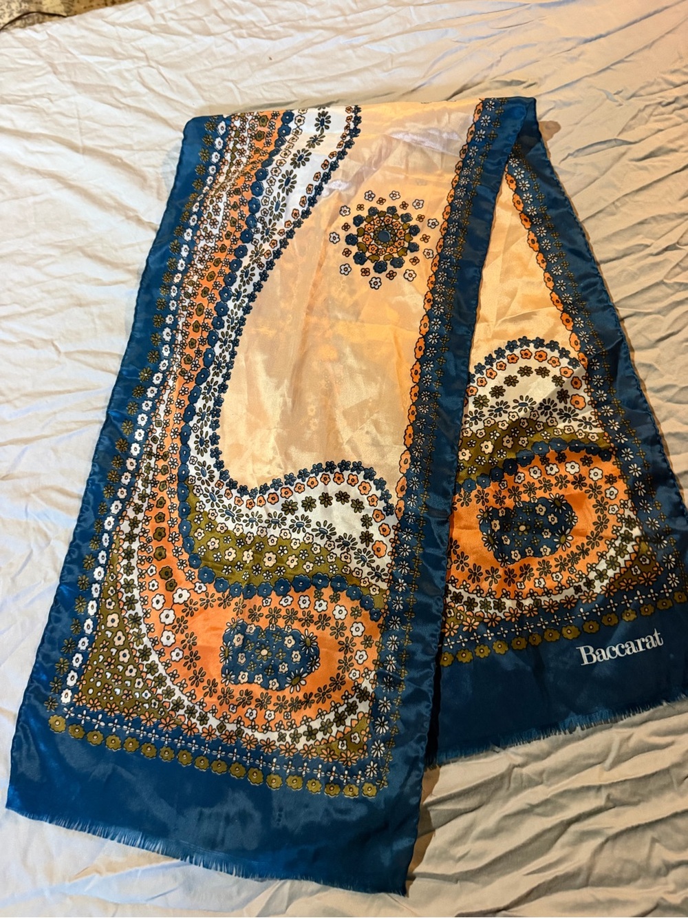 Baccarat Teal Blue and Orange Paisley Silk Scarf